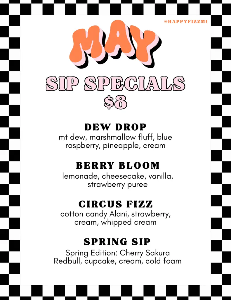 Happy Fizz MI May Drink Specials — Berry Cake Pop, Circus Fizz, Feelin' Peachy